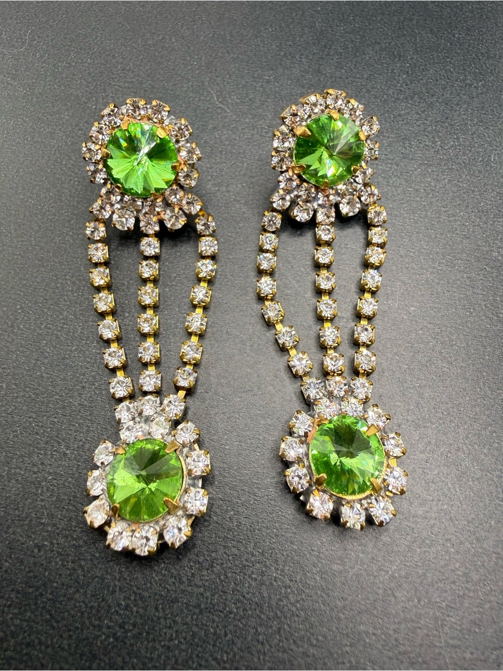 Vintage Czech Green Crystal Rhinestone Dangle Clip On Earrings